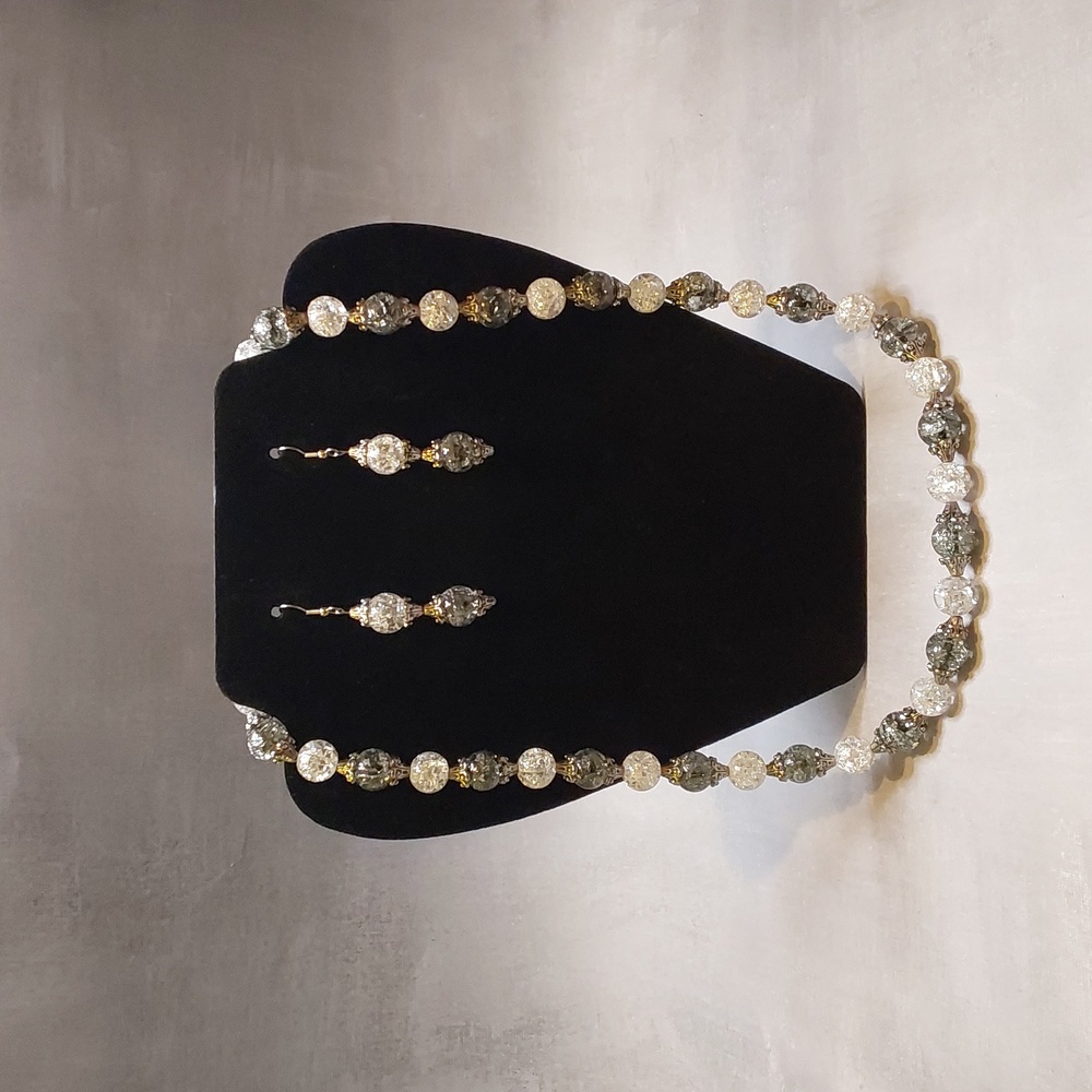 Elegant Silver Gray Clear Beaded Necklace and Earring Set